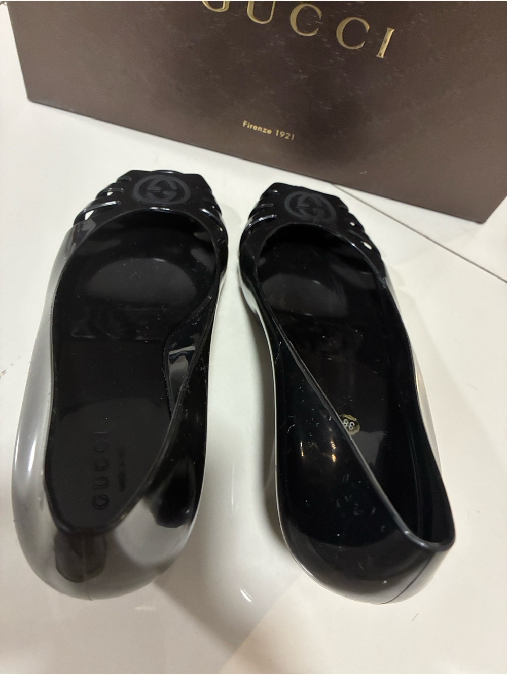 Gucci Marola Black Jelly GG Peep Toe Wedge Sandals Size 38 US 8 Like New Box - Picture 9 of 17